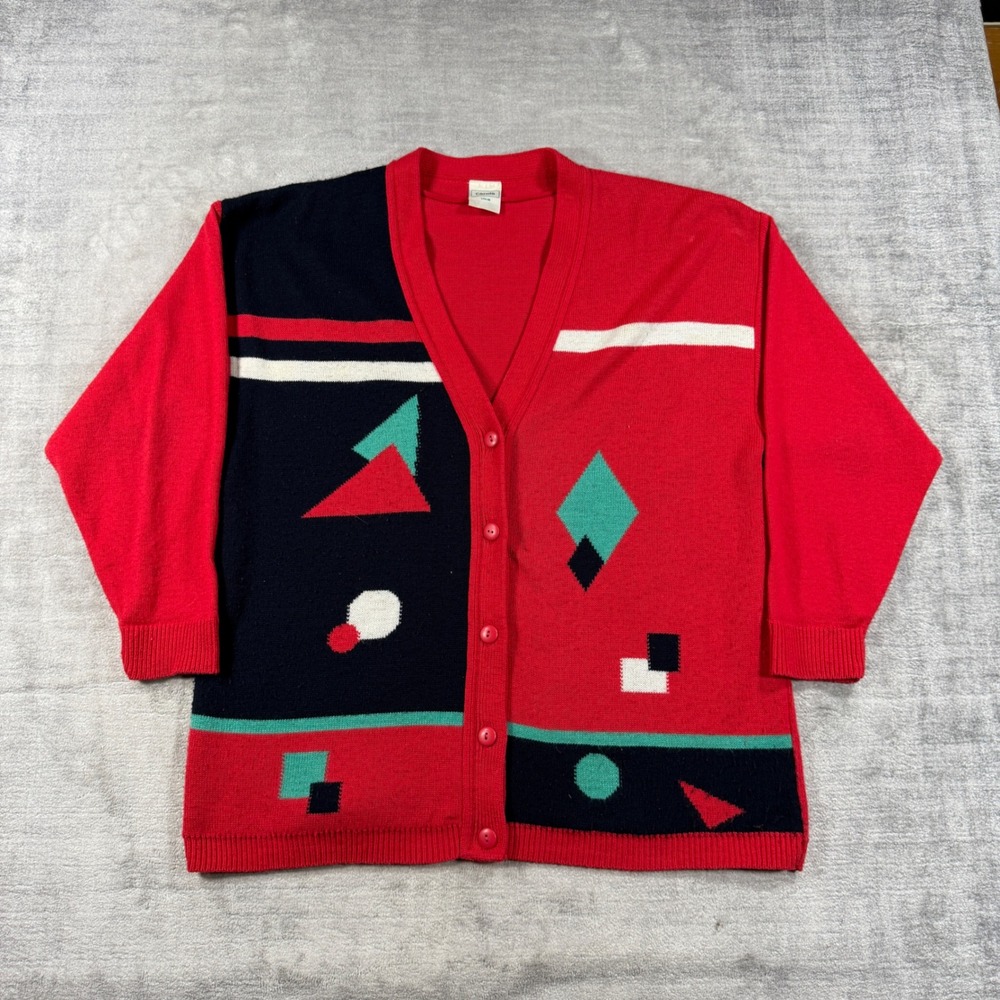 Vintage Canda Sweater Women Large Red Geometric Abstract 80s Knit Cardigan Retro
